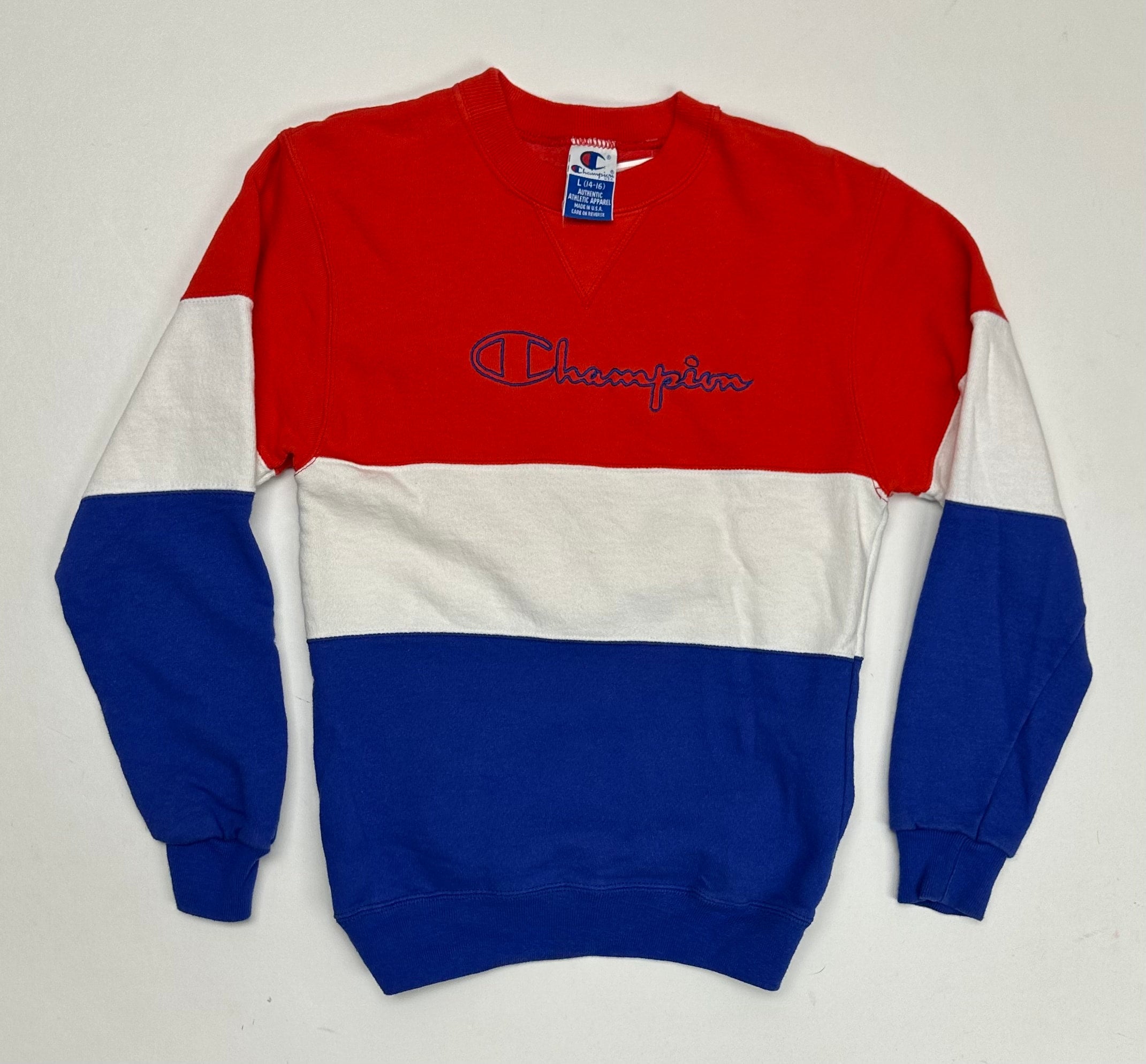 Vintage Champion Center Chest Script Crewneck Sweatshirt Made In USA Red White Blue YL