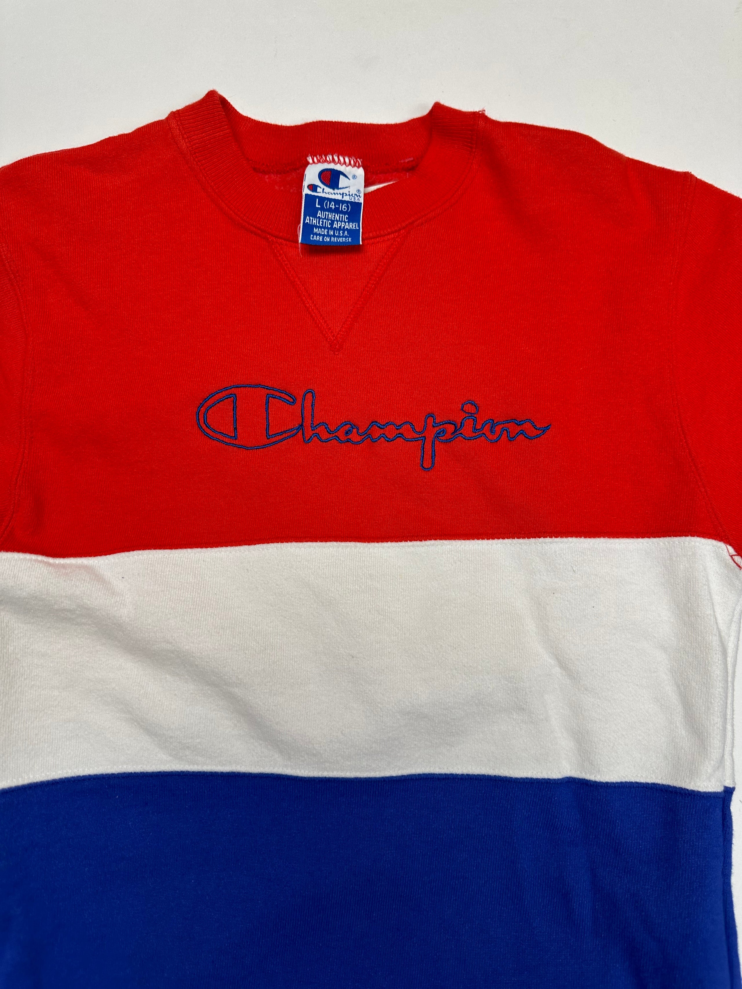 Vintage Champion Center Chest Script Crewneck Sweatshirt Made In USA Red White Blue YL